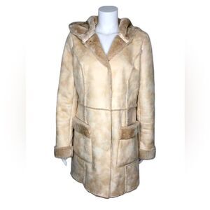 JOHNSTON & MURPHY VEGAN FAUX SHEEPSKIN LONG‎ HOODED FUR LINED COAT WOMENS SIZE L